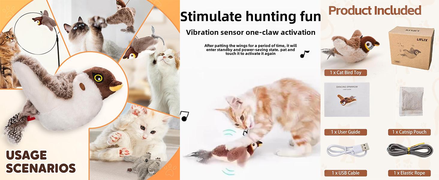Upgraded Interactive Chirping Bird Cat Toy with Flapping Wings, New Flying Bird Cat Toy, Flight Simulation Electric Sparrow Shaking Hunting Pet Toy, Suitable for Indoor - Large (Brown)