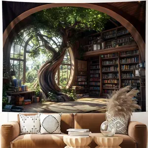 Magical Tree Library Tapestry, Whimsical Book Nook Wall Hanging, Dark Academia Forest Wall Art Decor for Bedroom Living Room Dorm