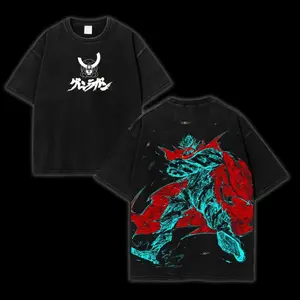 Tengen Toppa Gurren Lagann “Spiral Overdrive Protocol” Oversized Tee – Acid Washed Lightweight Cotton, Crimson Skull Crest Front & Kamina Requiem Back Graphic, Retro Mecha Streetwear for Lorecore Fans & Dai-Gurren Believers