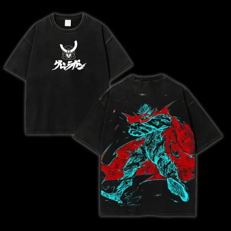 Tengen Toppa Gurren Lagann “Spiral Overdrive Protocol” Oversized Tee – Acid Washed Lightweight Cotton, Crimson Skull Crest Front & Kamina Requiem Back Graphic, Retro Mecha Streetwear for Lorecore Fans & Dai-Gurren Believers