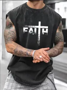 Summer Men's Letter Round Neck Sleeveless T-Shirt, 100% Cotton Fabric Fitted Graphic Vest, Casual Streetwear Style Outdoor Fashion Top