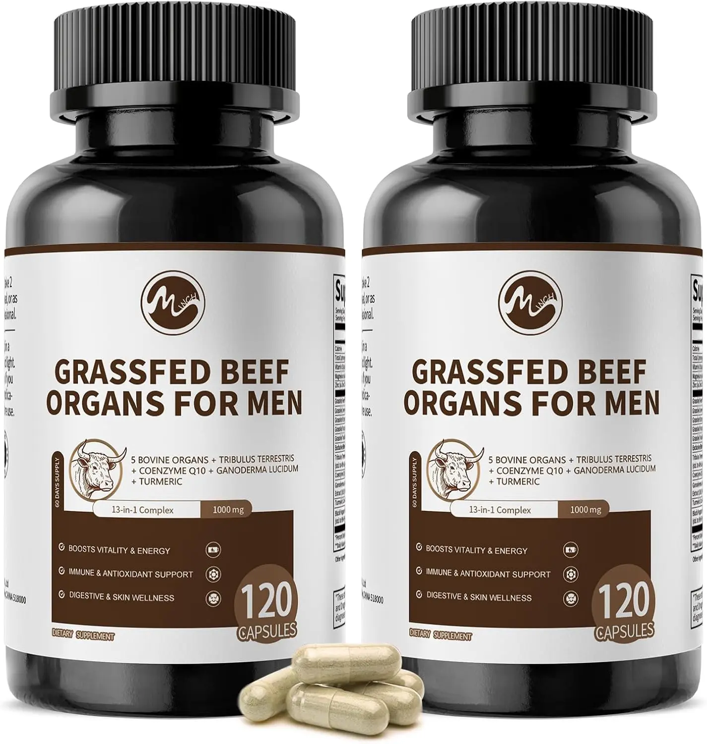 Minch Beef Organs Supplement, Beef Liver Capsules, Blend with Kidney, Pancreas, Tribulus Terrestris, CoQ10, Zinc & Magnesium, Daily Nutrition for Men, Overall Wellness & Body Defense, Gluten-Free, Non-GMO, 240 Capsules