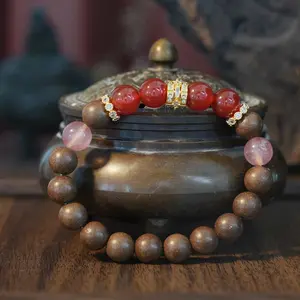 Eli Zhangzhong Red Agate & Wood Beaded Bracelet – Handcrafted Warm-Tone Charm Bracelet with Gold-Tone Accents for Elegance, Calm Energy, and Meaningful Daily Wear