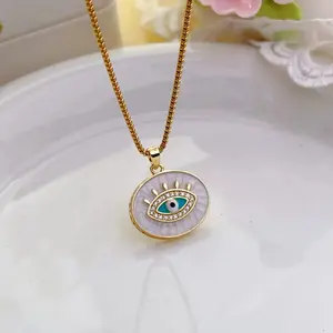 Evil Eye Necklace - Gold Plated with Enamel Detail and Cubic Zirconia Accents for Women