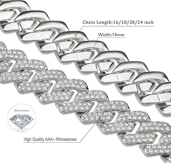 Cuban Link Chain Mens Iced Out Miami Cuban Necklace Silver/Gold Bling Diamond Hip Hop Jewelry for Women