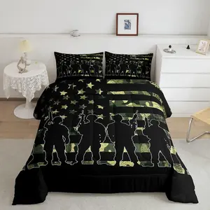 American Flag Comforter Set,Army Green Camouflage Down Comforter,Adult Men Soldier Silhouettes Quilted Duvet, Military Style Camo Bedding Comforter