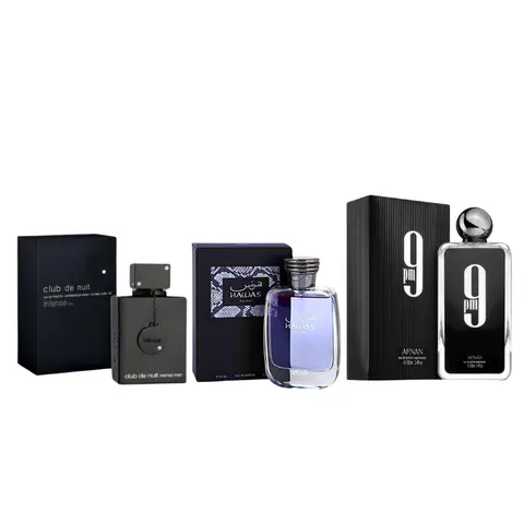 STERLING PARFUMS Men's Designer-Inspired Arab Perfume Sampler Set - Armaf Intense 3.6fl.oz, Hawas 3.4fl.oz, Afnan 9PM 3.4fl.oz, Box-Packed, Long-Lasting Luxurious EDP Perfume Spray, Woody, Citrus, Aromatic Amberwood, Amber Vanilla Scent