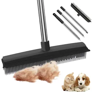 Pet Fur Removal Broom, 2 in 1 Silicone Broom for Carpet Pet Hair, Adjustable Handle Carpet Rake for Pet Hair Removal