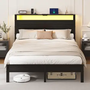 DAYAGO Platform Bed Frame with LED Lights & Charging Station Twin/Full/Queen/King Size Storage Headboard Type C & USB Ports Modern Bed Metal Frame No Box Spring Needed