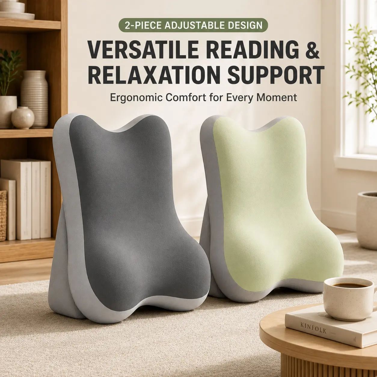 2-Piece Adjustable Memory Foam Reading Pillow, Ergonomic Bed Backrest Support Cushion for Sitting Up in Bed, Gaming, Watching TV, Laptop Use, Removable Washable Cover, Home Sofa Floor Pillow