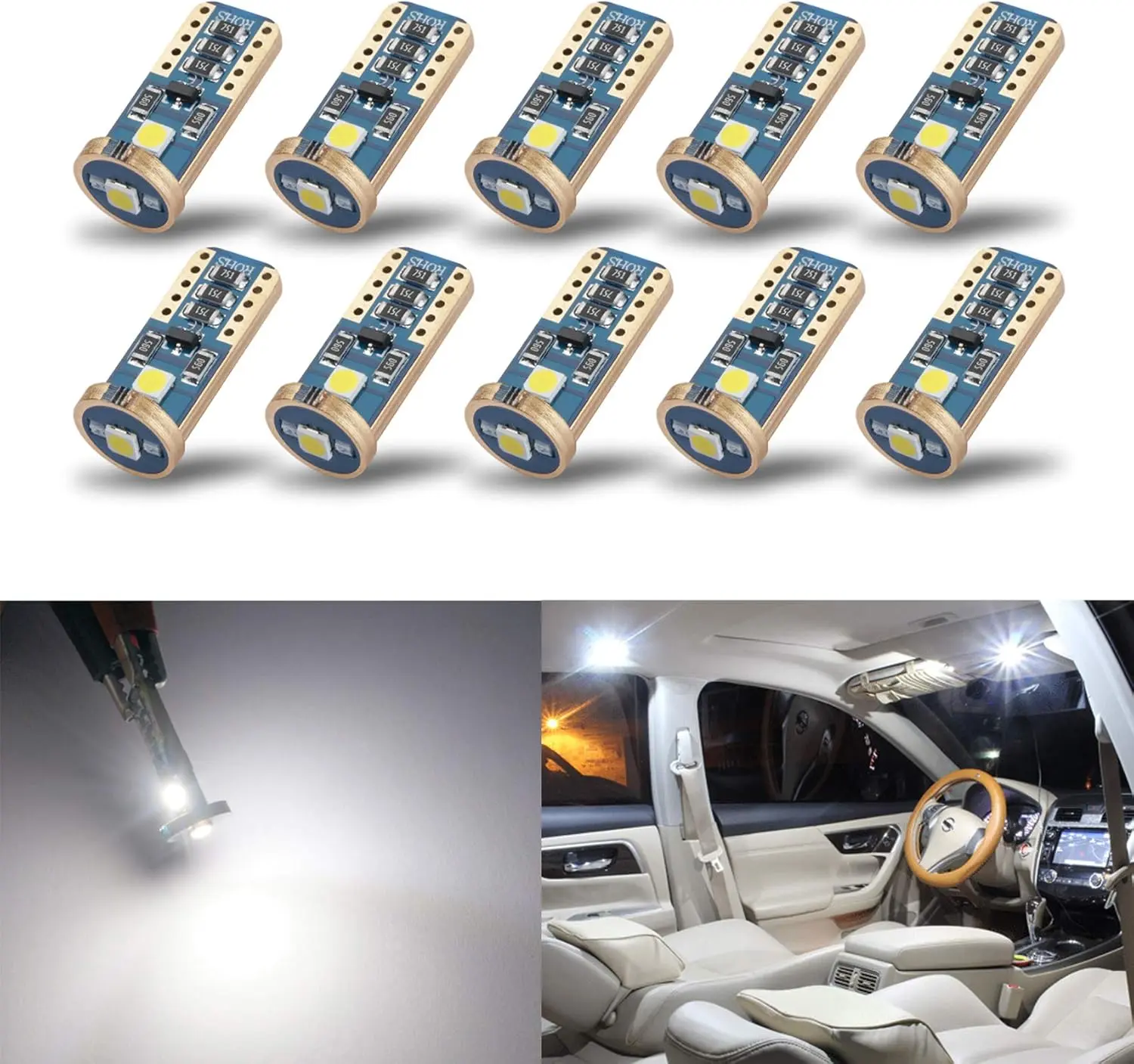 T10 168 194 LED Car Lights - 3pcs 3030 SMD Chipset, 9-16V, Xenon White Temperature, Brightest, Multiple Fits, Can Fit More Than 1 Position for Car Interior Dome, Map Lights