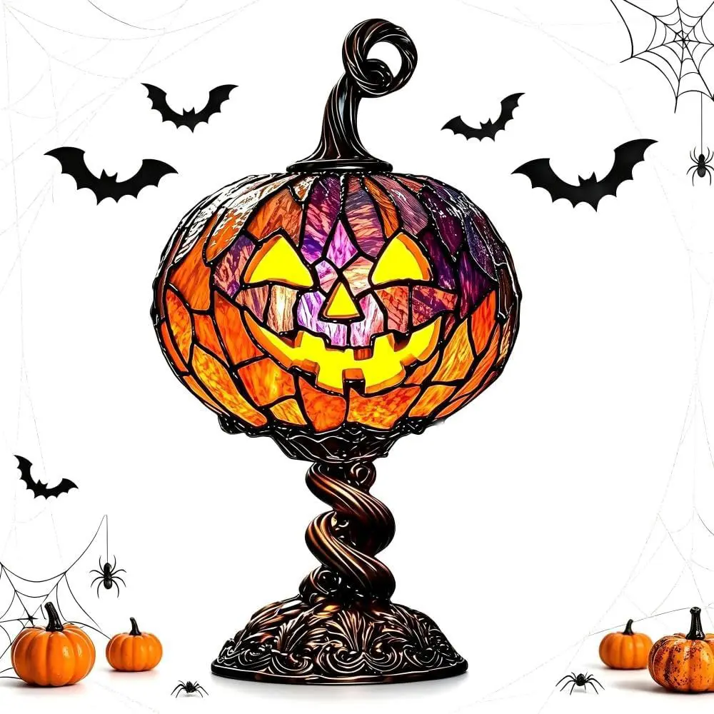 USB-Powered Resin-Metal Gothic Compact LED Stained Glass Pumpkin Table Lamp - Spooky Halloween Aesthetic Jack-O'-Lantern Night Light, Festive Pumpkin Shape Home Decor for Bedroom