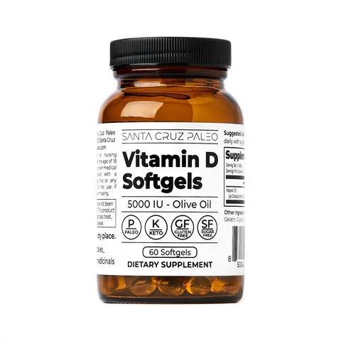 Santa Cruz Paleo Vitamin D3 5000 IU Softgels - 60 Servings - Supports Bone Health, Immune Function, and Mood - Formulated with Olive Oil for Absorption, Daily Supplement for Men and Women - Gluten-Free, Sugar Free, Paleo, Keto