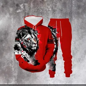 2pcs Set Lion Ink Print Men's Casual Hoodie And Jogger Pants, Spring/Autumn Fashion Outfit Clothes Fabric Menswear Suits Gamis Long SleeveC