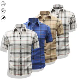 Set of 4, laid-back style American summer retro plaid short-sleeve shirts — loose-fit shirt jackets for a unisex look, suitable for commuting and outdoor activities