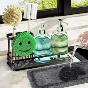 Sink Caddy Organizer with Water Absorbing Stone Tray, Instant Dry Sponge Holder Smiley Face, Dish Brush Holder for Countertop, Kitchen Storage Accessories and Organization Essentials