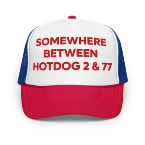 Somewhere Between Hotdog 2 and 77 Funny Trucker Hat | Joey Chestnut Hotdog Record 4th of July Grilling Cap | Glizzy Guzzler