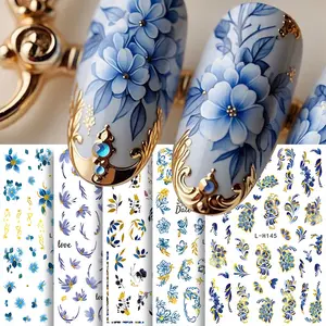5 Pcs Blue Golden Flower 3D Nail Stickers, Spring Summer Floral Design Nail Art Decals Sliders, DIY Nail Art Decorations, Fresh Style Nail Design Blue Flower Leaves Stickers