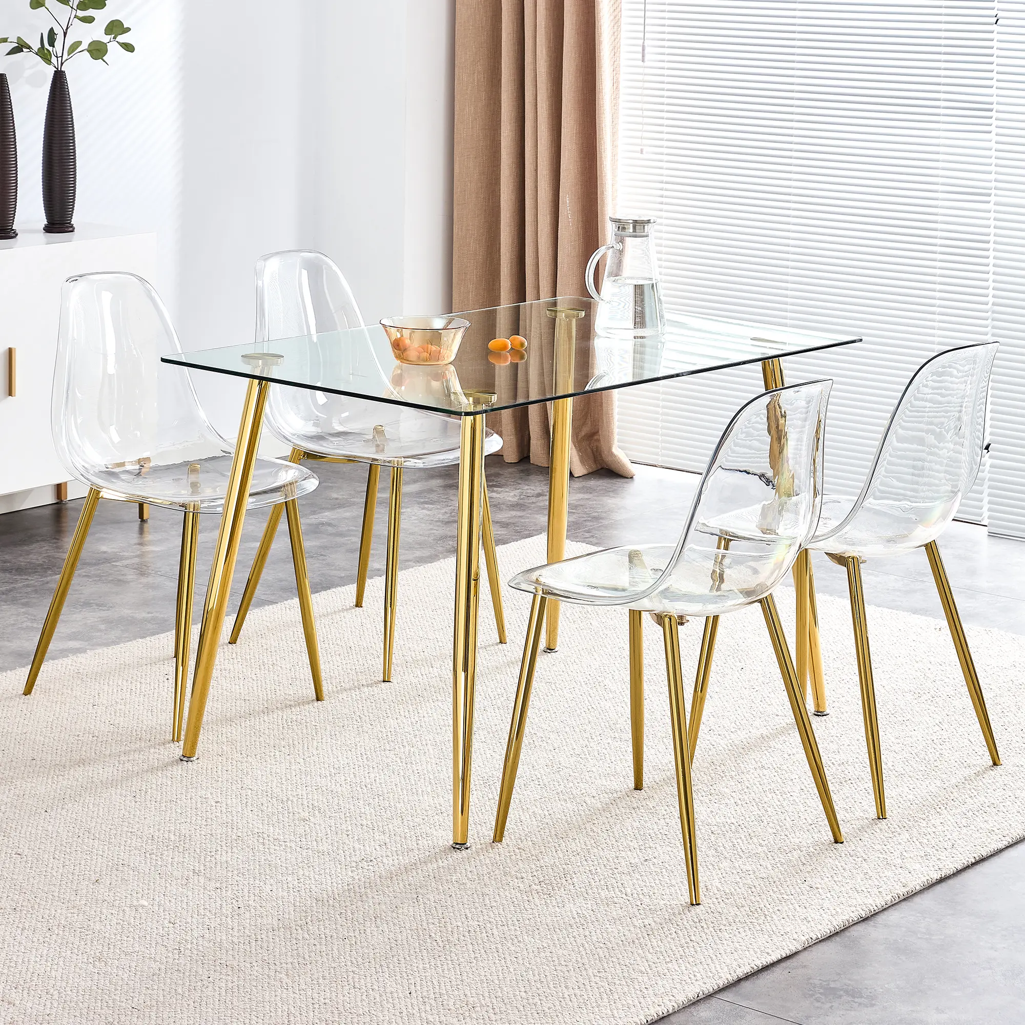 Clear Crystal Dining Chairs Set of 4, Transparent PET Armless Side Chairs with Golden Plated Metal Legs, Ergonomic Vanity Stools for Kitchen Dining Room Living Room, Easy Assembly