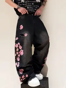 UP.THE Men's Plum Blossom Embroidered Baggy Jeans Distressed & Raw Hem Stylish Design Y2K Streetwear Skate Loose-Fit Jeans