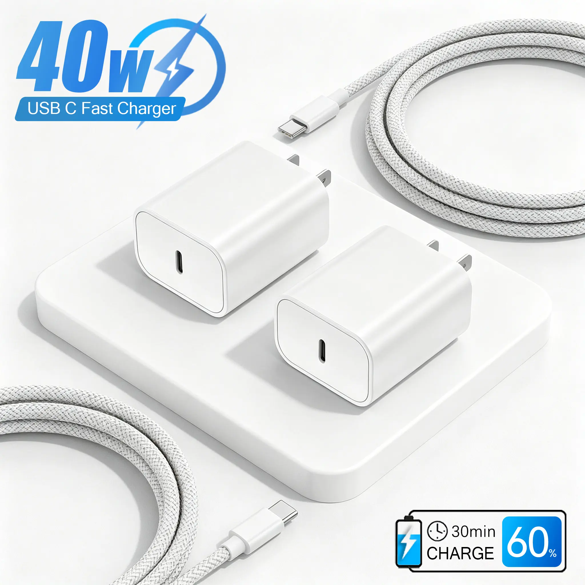 2-Pack 40W Super Fast Charging USB-C Wall Charger with 6FT Type C Cable for iPhone 17/16/15, AirPods, iPad, Smartphone Power Adapter & Data Cable Set Electronic Accessories