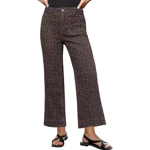 Wide Leg Jeans for Women High Waisted Leopard Cheetah Print Stretch Cropped Denim Pants Patch Pocket Flare Jeans