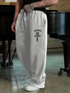 Men's Cross Print Drawstring Waist Sweatpants, Personalized Regular Fit Casual Comfy Pants for Daily Wear, Men's Trousers for Fall & Winter