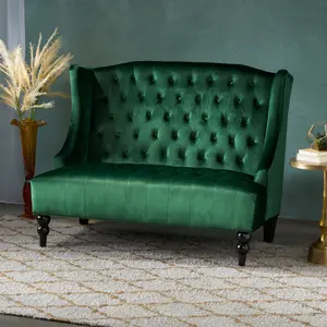 Emerald Velvet Wingback Loveseat Sofas Living Room, 50.25x34x38.5 in Modern Glam Button-Tufted Diamond-Stitch High-Back Sofa with Turned Legs for Bedroom Decor