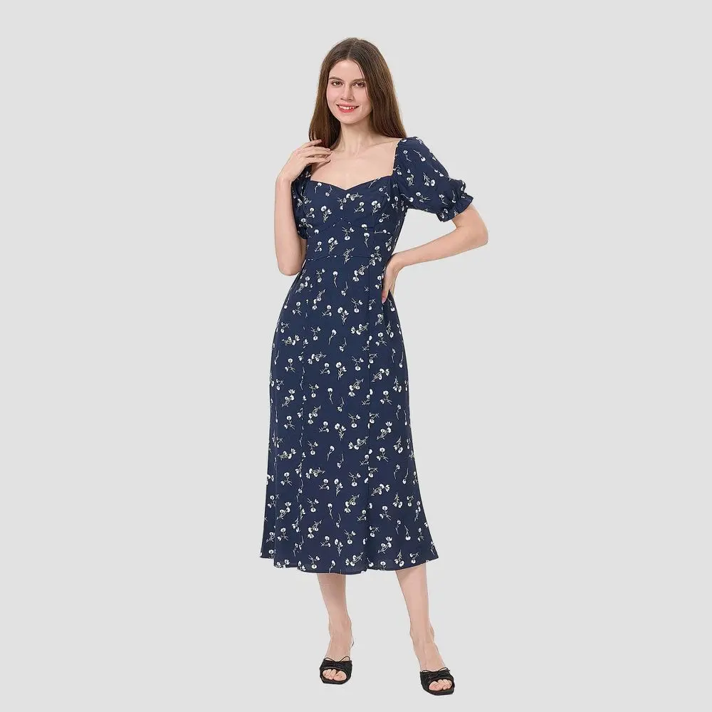 Women's Puff Short Sleeve Midi Fit & Flare Dress - A