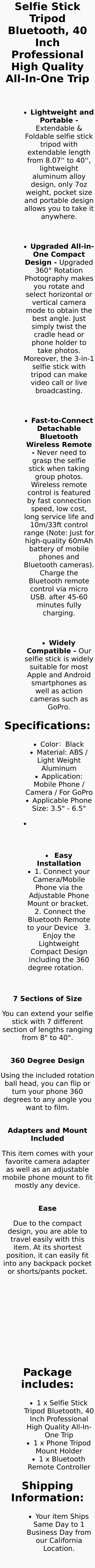 Selfie Stick Tripod 40" Bluetooth Remote Portable for Iphone and Android Phones