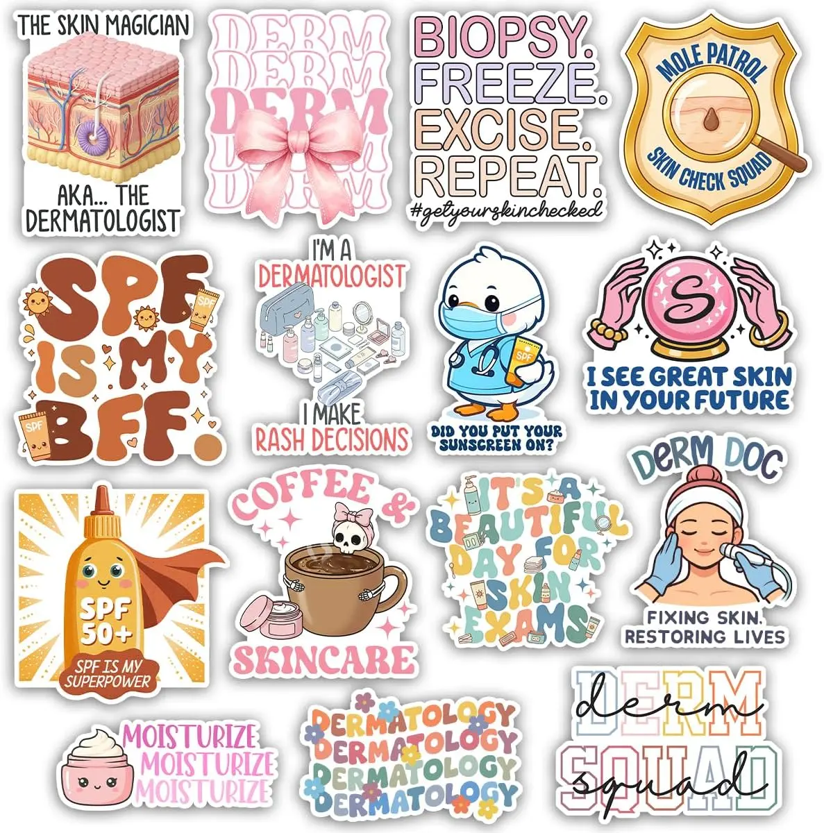 Dermatology Sticker Pack, Derm Doctor Skincare Dermatologist Sticker, Dermatology Staff Dermatologist Gift, Decor for Laptop Tablet Spa Office Clinic Water Bottle Helmet Vehicles