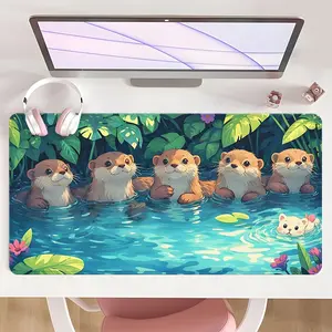 [Mouse Desk Pad] Non-Slip Mouse Pad Large Gaming Mouse Pad With Rubber Base & Stitched Edge Playful Otters Blue Pond Design Desk Top Protector Mat For Home Office Use Or Christmas Gift Gaming Desk Accessory