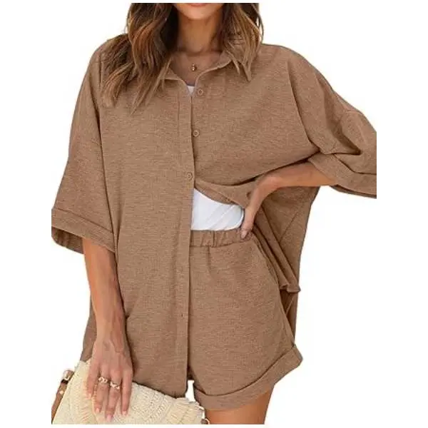 Ekouaer Women's Waffle Knit Nightwear, Loungewear 2 Pcs Set with Oversized Boyfriend-Style Button-Down Top and Shorts, Lady, Pockets, Knitted, Casual Wear, Hand Wash, Sportswear, Elastic Waistband, Basic