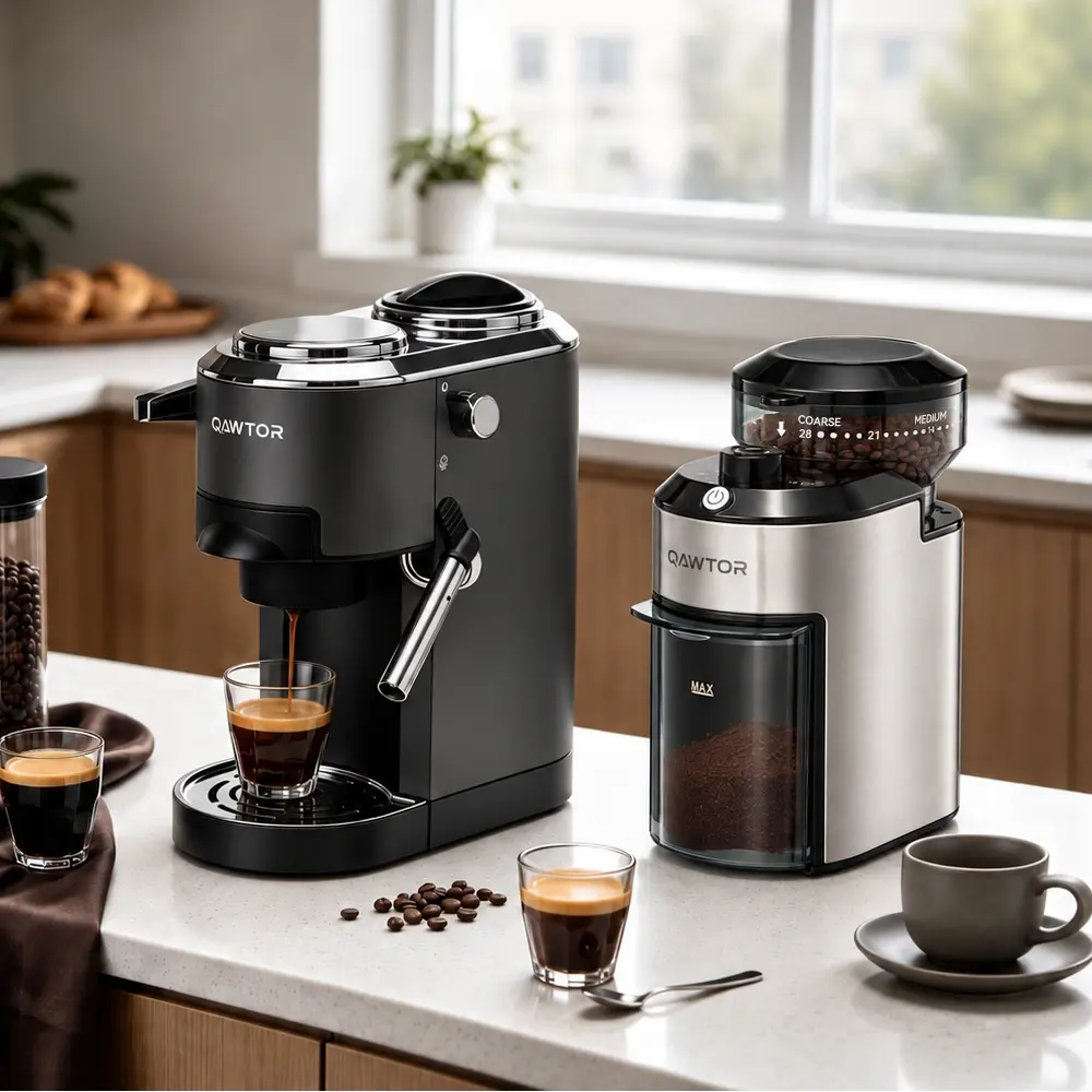 QAWTOR 2-Piece Espresso Value Bundle – 28-Setting Burr Coffee Grinder with Timer + 20-Bar Rechargeable Portable Espresso Maker with Milk Frother, Capsule & Ground Coffee Compatible for Home, Office, Car & Camping,#tiktokshopstockup