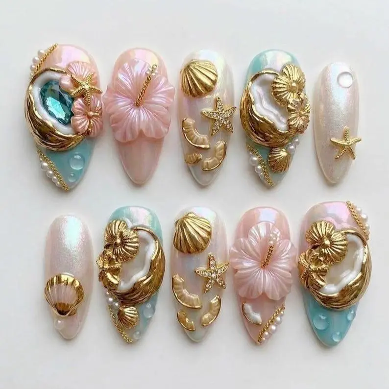 Summer Vibe Press On Nails 3D Gold Seashell Mermaid Pink Hibiscus Flower Iridescent Pearl Beach Ocean