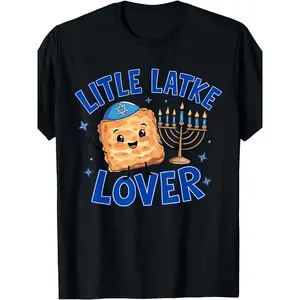Little Latke Lover Hanukkah T-Shirt - Fun Graphic Design Featuring a Cheerful Fried Latke with Kippah and Menorah, Perfect for Celebrating the Festive Season, Ideal Gift for Kids and Families (3-13Y)