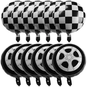 12 Pcs Tire Balloons Black And White Checkered, 18 Inch Race Car Wheel Foil Balloons For Baby Shower Gender Reveal Racing Theme Birthday Party Decoration Party Supplies