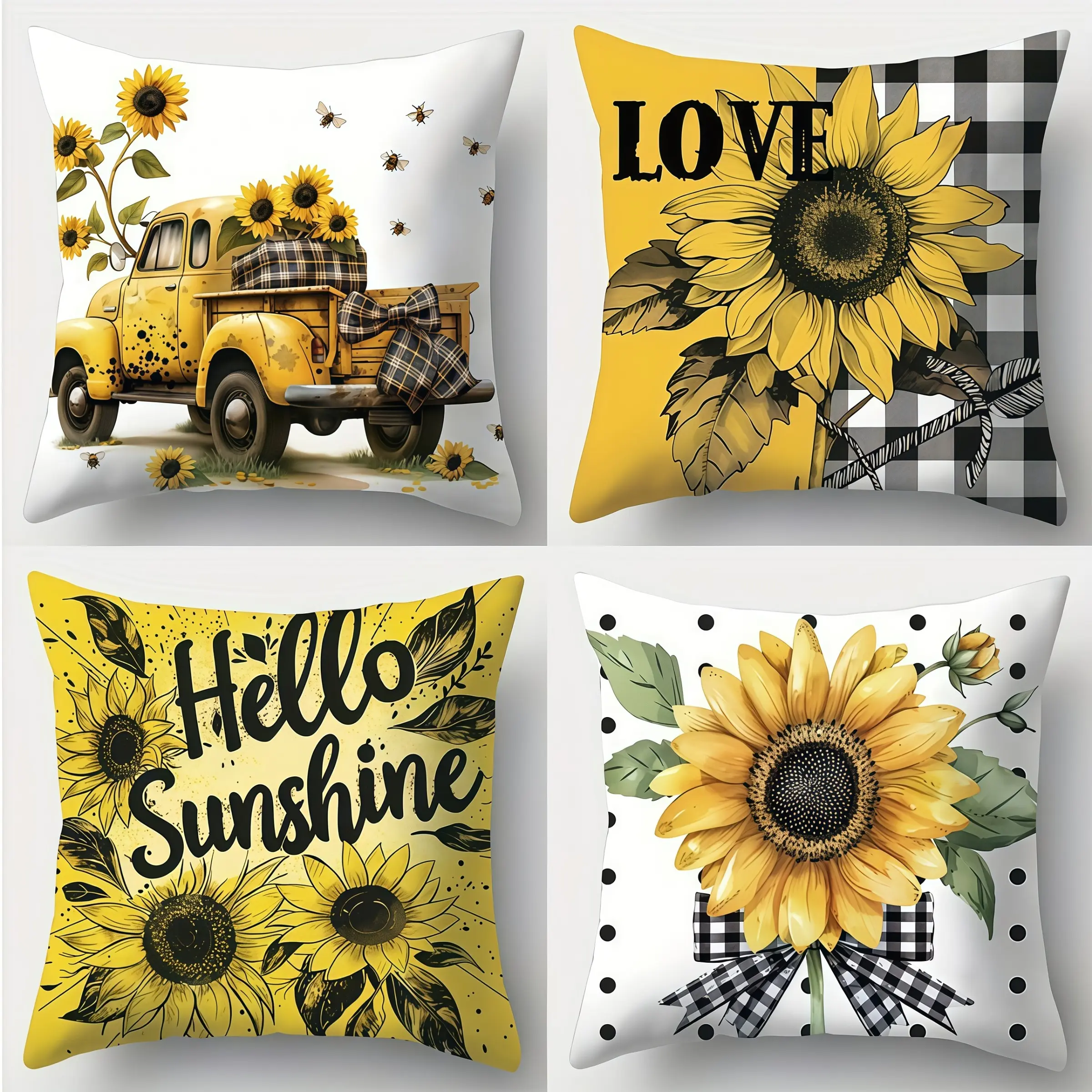 4pcs-Spring Yellow Sunflower Throw Pillow Covers, Sunflower and Truck Pattern, Home Décor Products, Cushion Cover for Couch Sofa, Bedroom Decor, Bedroom Decorative Accessories, Spring Decoration, Single Sided Printing, No Pillow Core