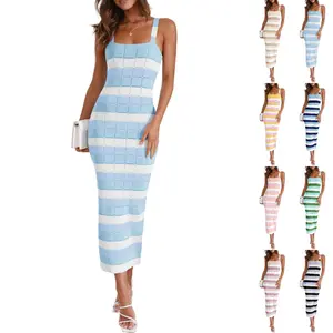Danedvi Womens Striped Bodycon Midi Dress Sleeveless Square Neck Color Block Knit Summer Tank Dresses