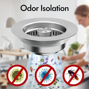 3-in-1 Stainless Steel Kitchen Sink Drain Strainer - US Standard 3-1/2 Inch Fit, Removable Filter, Sink Plug with Installation Ease, Deodorizing Anti-Clog Function, Sewer Gases Prevention