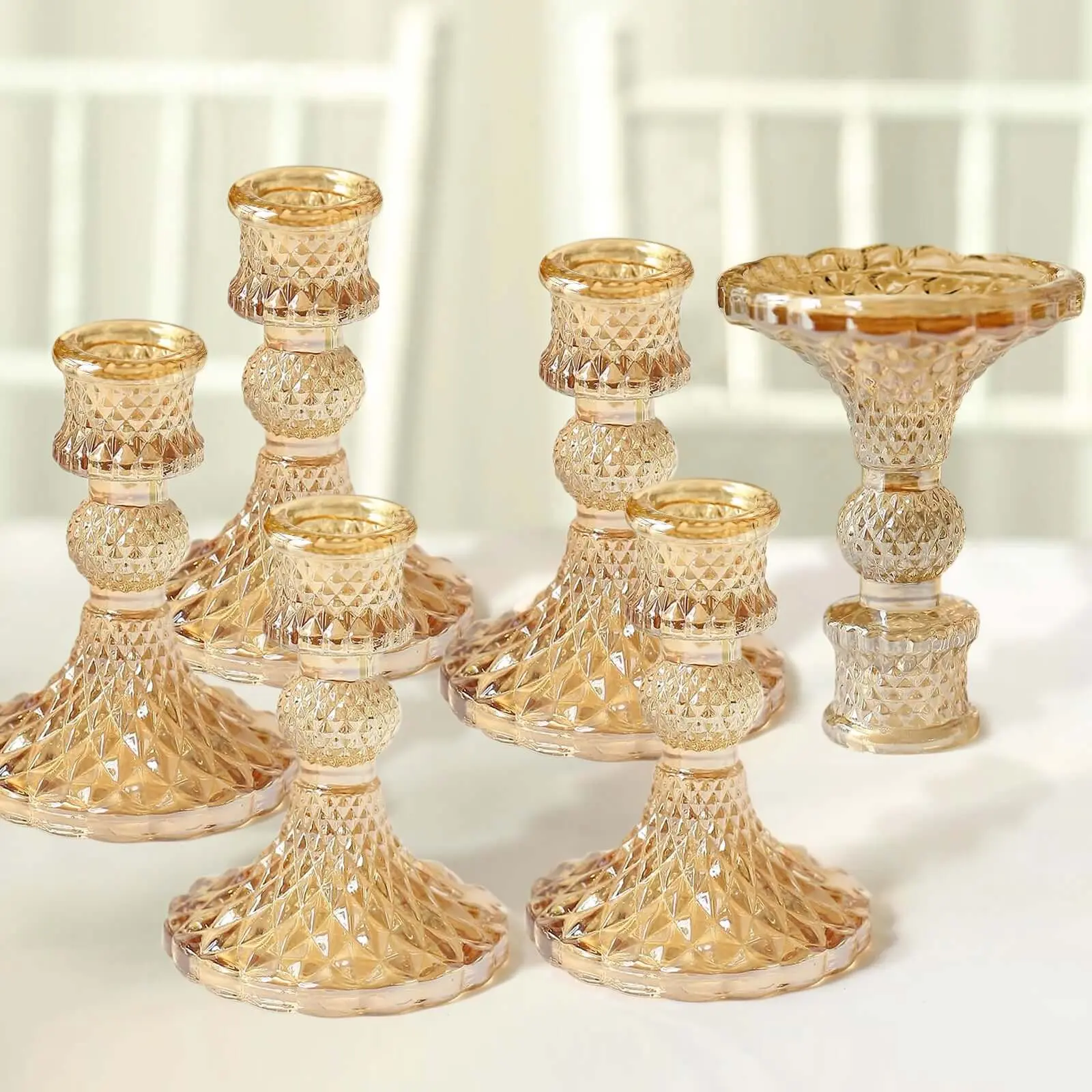 Decorative 6-Pack 4" Diamond Pattern Amber Gold Glass Taper Candlestick Holders - Double-Sided Crystal Pillar Votive Stands for Tabletop, Home Decor, Wedding