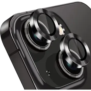 Compatible with  15 and 15 Plus Camera Lens Protector, Anti-Scratch Lens Cover 9H Tempered Glass Metal Camera Screen Protector Shockproof Camera Ring for  15 and 15 Plus- 2 count Black