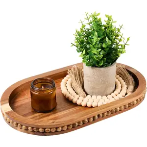 Acacia Wood Decorative Tray for Coffee Table Centerpiece - Bead Oval Wooden Serving Tray for Farmhouse Home Decor, Rustic Living Room Table Decor for Bathroom Vanity or Kitchen Counter