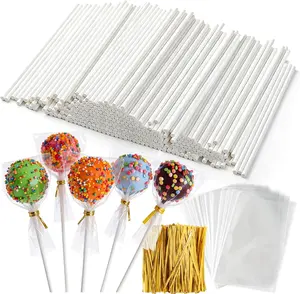 300Pcs Lollipop Sticks and Wrappers Kit, 100Pcs 6IN Cake Pop Stick, 100pcs Clear Candy Treat Bags Parcel, 100pcs Gold Twist Ties for Lollipops, Candies, Chocolates Cookies