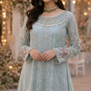 Embroidered Desi Wedding Dress Pakistani Indian & Bangladeshi Party Wear USA Elegant Mint Blue Chiffon Fabric with Pearl Accents