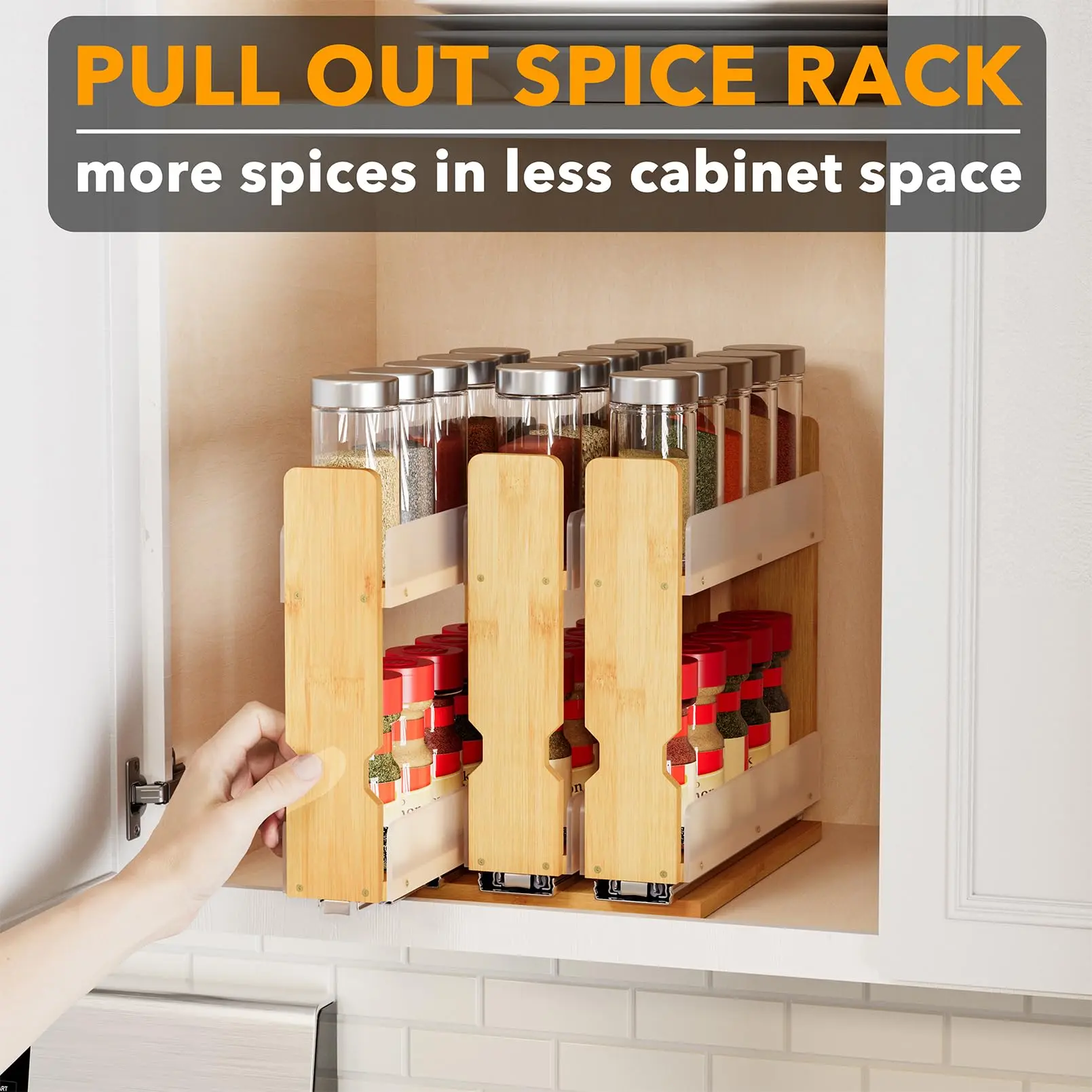 Bamboo Pull Out Spice Rack Organizer for Cabinet, Heavy Duty Slide Out Seasoning Kitchen Pantry Sliding Vertical Organization
