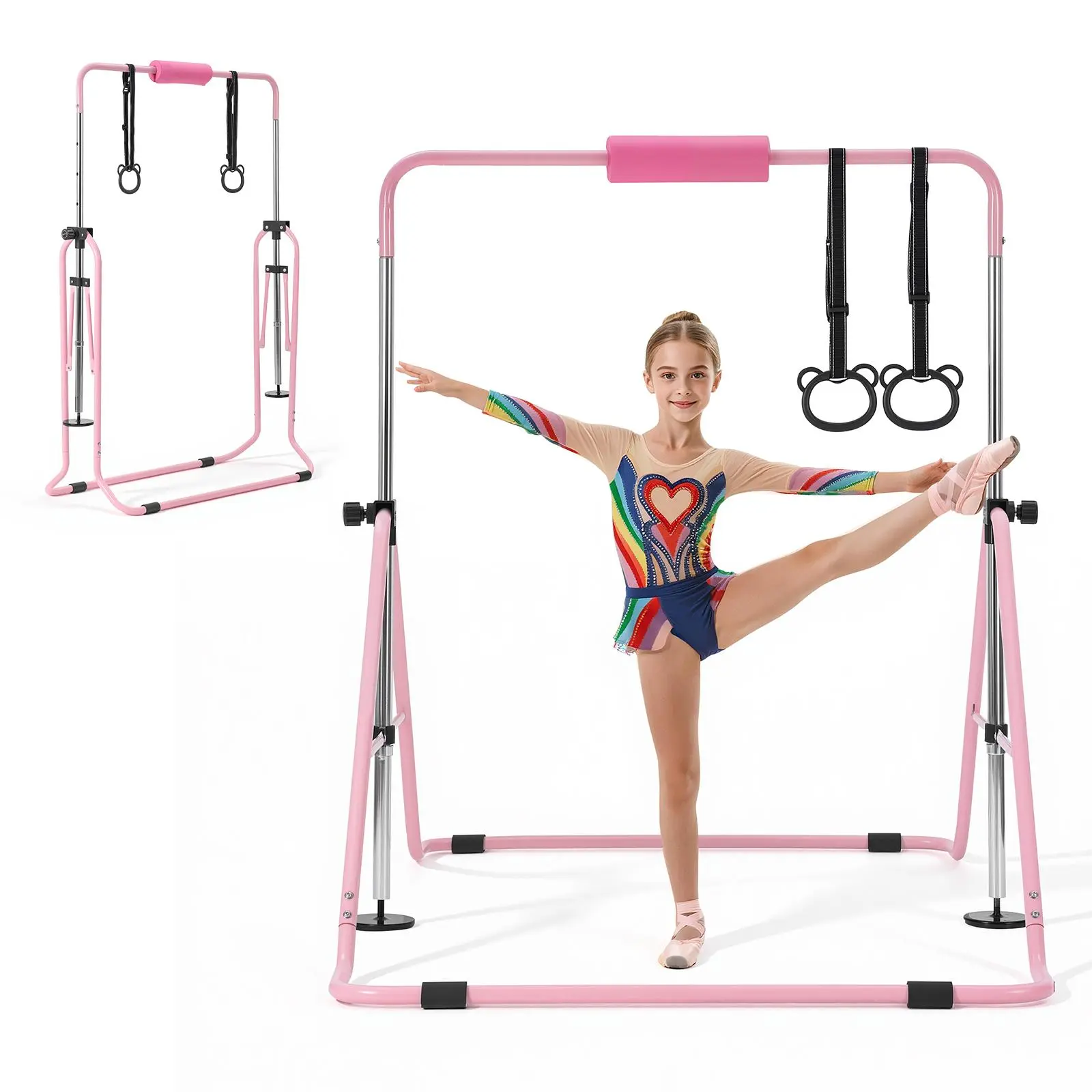 VEVOR Gymnastic Bars for Kids, 140 lbs Capacity Folding Training Kip Bar, Adjustable Height Gymnastic Horizontal Bar for Home, Training Equipment for Indoor and Outdoor, Easy to Assemble, Pink