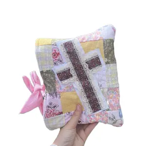 Patchwork Cross Bible Cover with Bow Tie Large Size Handmade - Colorful Quilted Design & Ribbon Accent