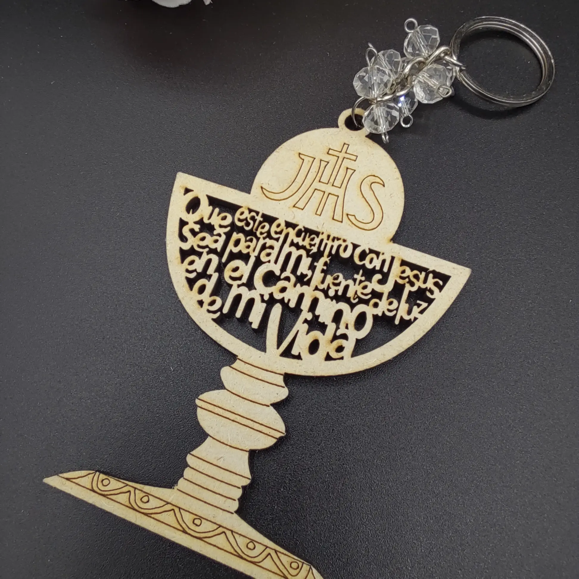 US LUOKASI 12pcs Chalice Holy Grail Design laser Cut Wooden Keychains / Jesus 1st Comuniion Baptism Favor / Angel Comunión / Christening favor