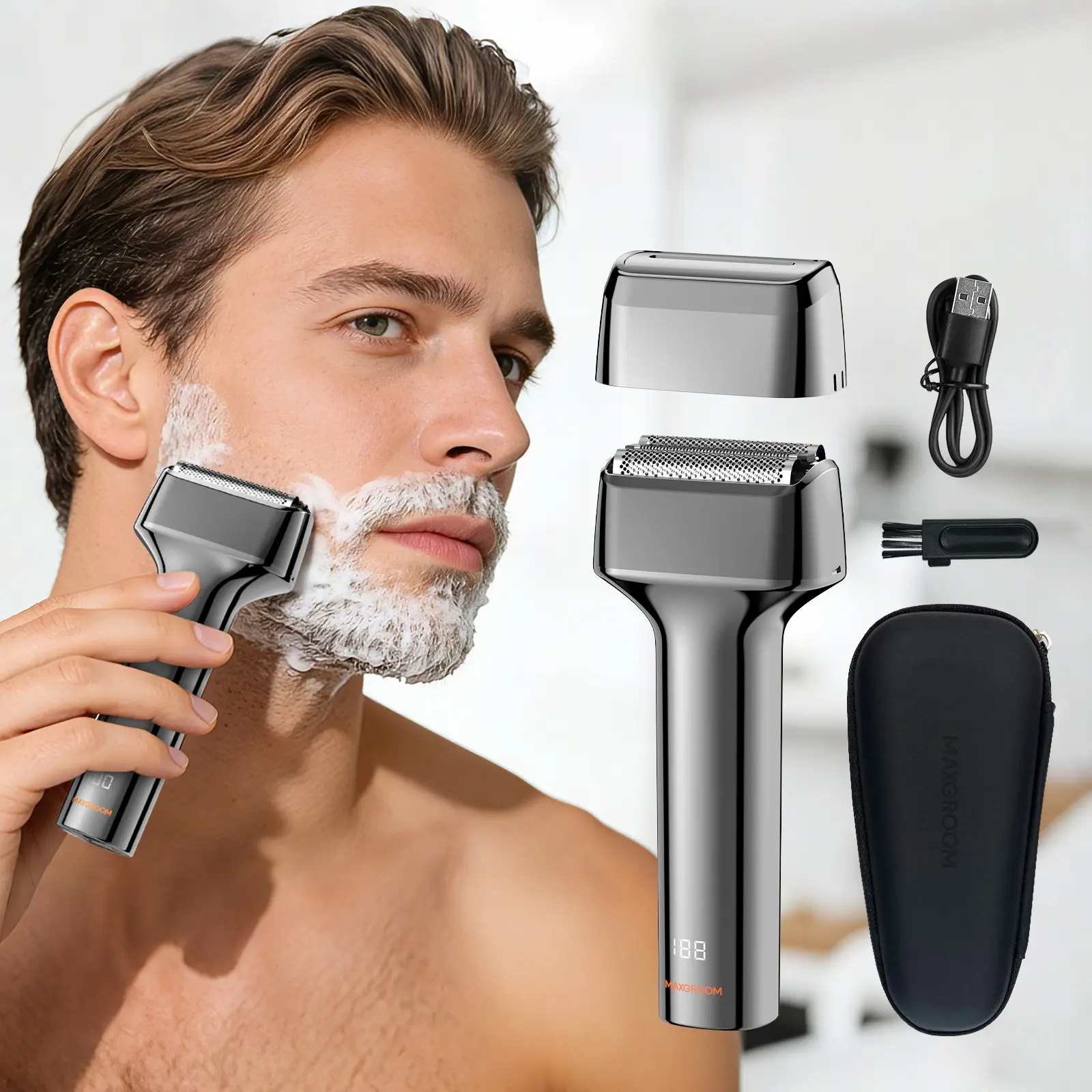 Maxgroom Electric Shaver with 3 Floating Heads, Deep Cleaning, Ipx7 Waterproof, Long Battery Life, LED Display, Dry/wet Use, Easy Clean, Foil Shaver, Shaver Machine, Cordless Waterproof Shaver, Waterproof Shaver Grooming, Shaving Machine